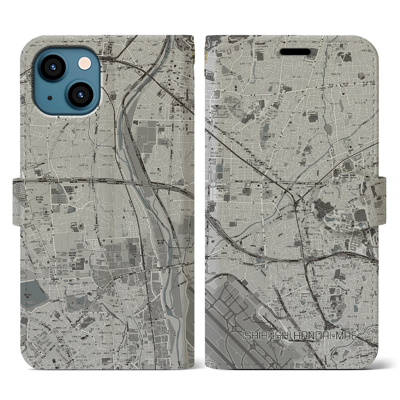 【石橋阪大前(大阪府)】地図柄iPhoneケース(手帳タイプ)モノトーン・iPhone 13 用