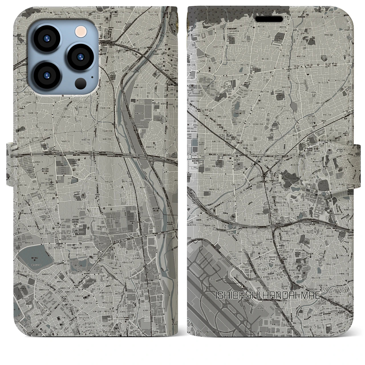 【石橋阪大前(大阪府)】地図柄iPhoneケース(手帳タイプ)モノトーン・iPhone 13 Pro Max 用