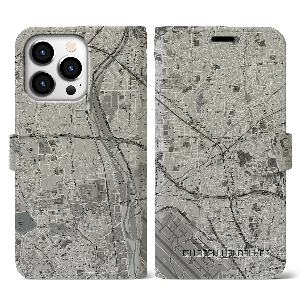 【石橋阪大前(大阪府)】地図柄iPhoneケース(手帳タイプ)モノトーン・iPhone 13 Pro 用