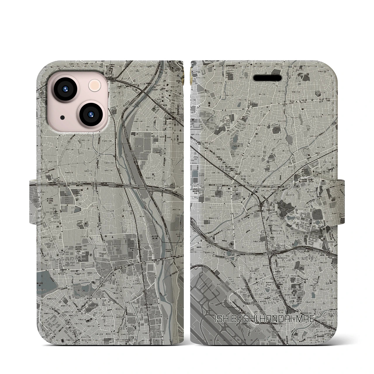 【石橋阪大前(大阪府)】地図柄iPhoneケース(手帳タイプ)モノトーン・iPhone 13 mini 用
