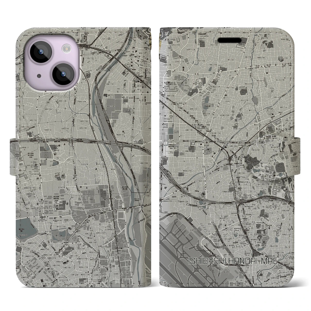 【石橋阪大前(大阪府)】地図柄iPhoneケース(手帳タイプ)モノトーン・iPhone 14 用