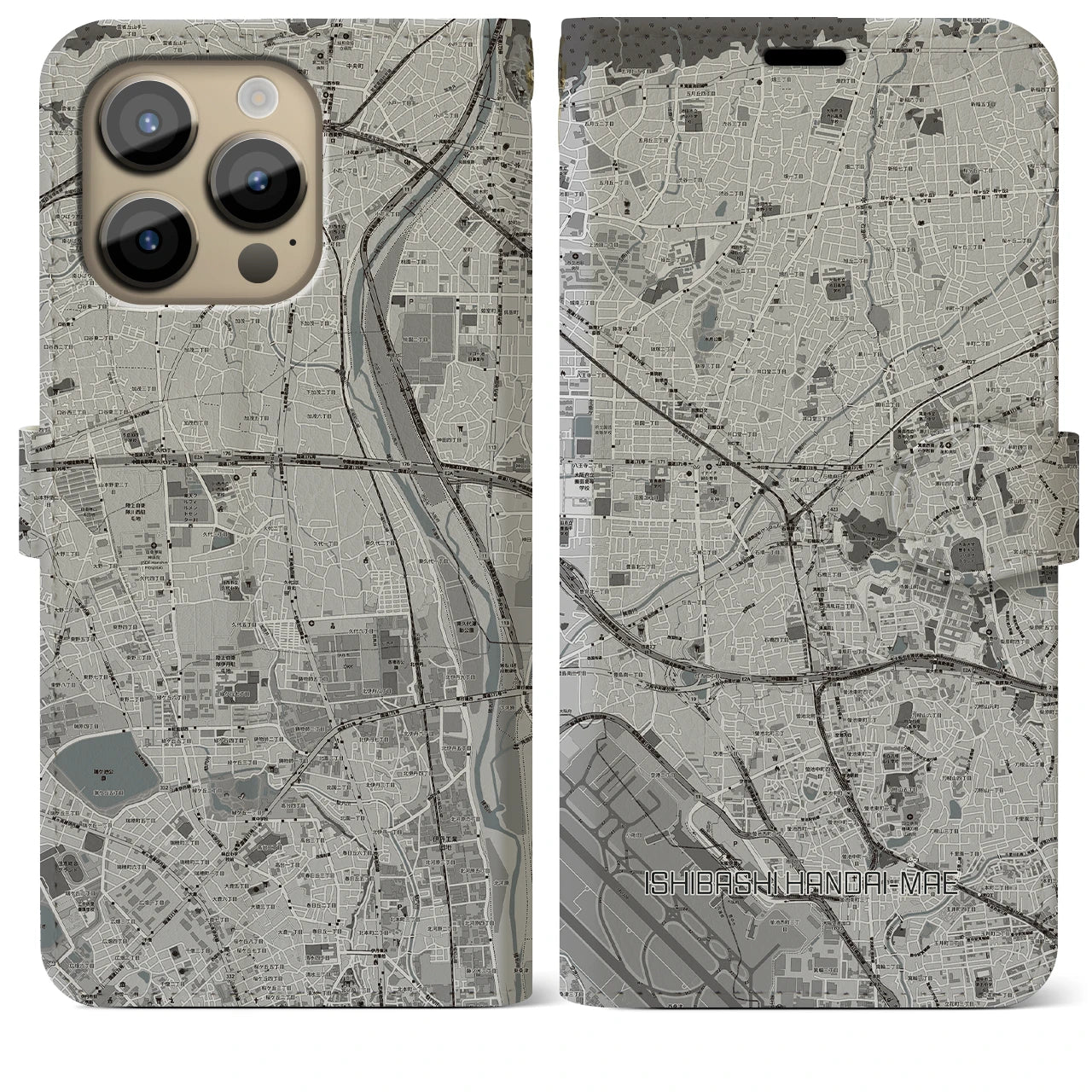 【石橋阪大前(大阪府)】地図柄iPhoneケース(手帳タイプ)モノトーン・iPhone 14 Pro Max 用