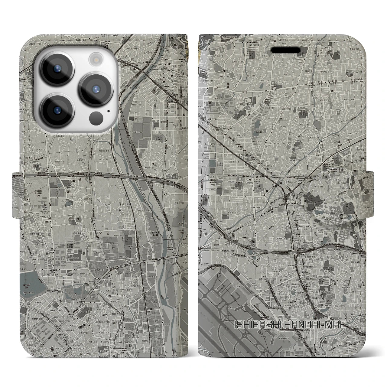 【石橋阪大前(大阪府)】地図柄iPhoneケース(手帳タイプ)モノトーン・iPhone 14 Pro 用