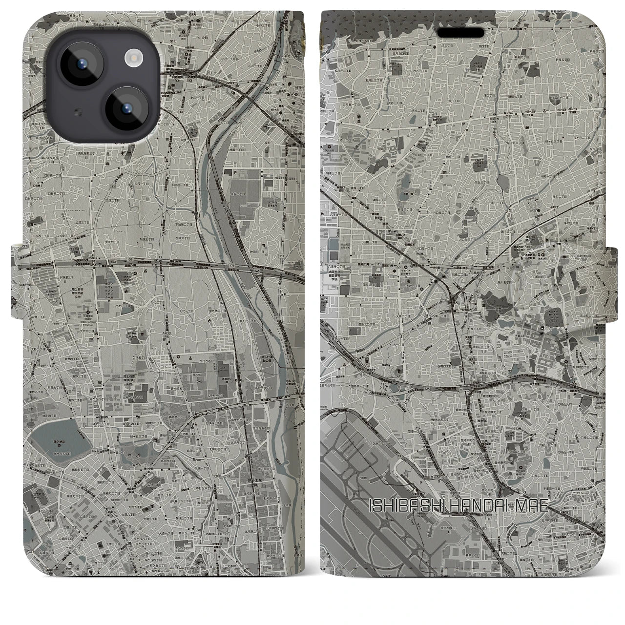【石橋阪大前(大阪府)】地図柄iPhoneケース(手帳タイプ)モノトーン・iPhone 14 Plus 用