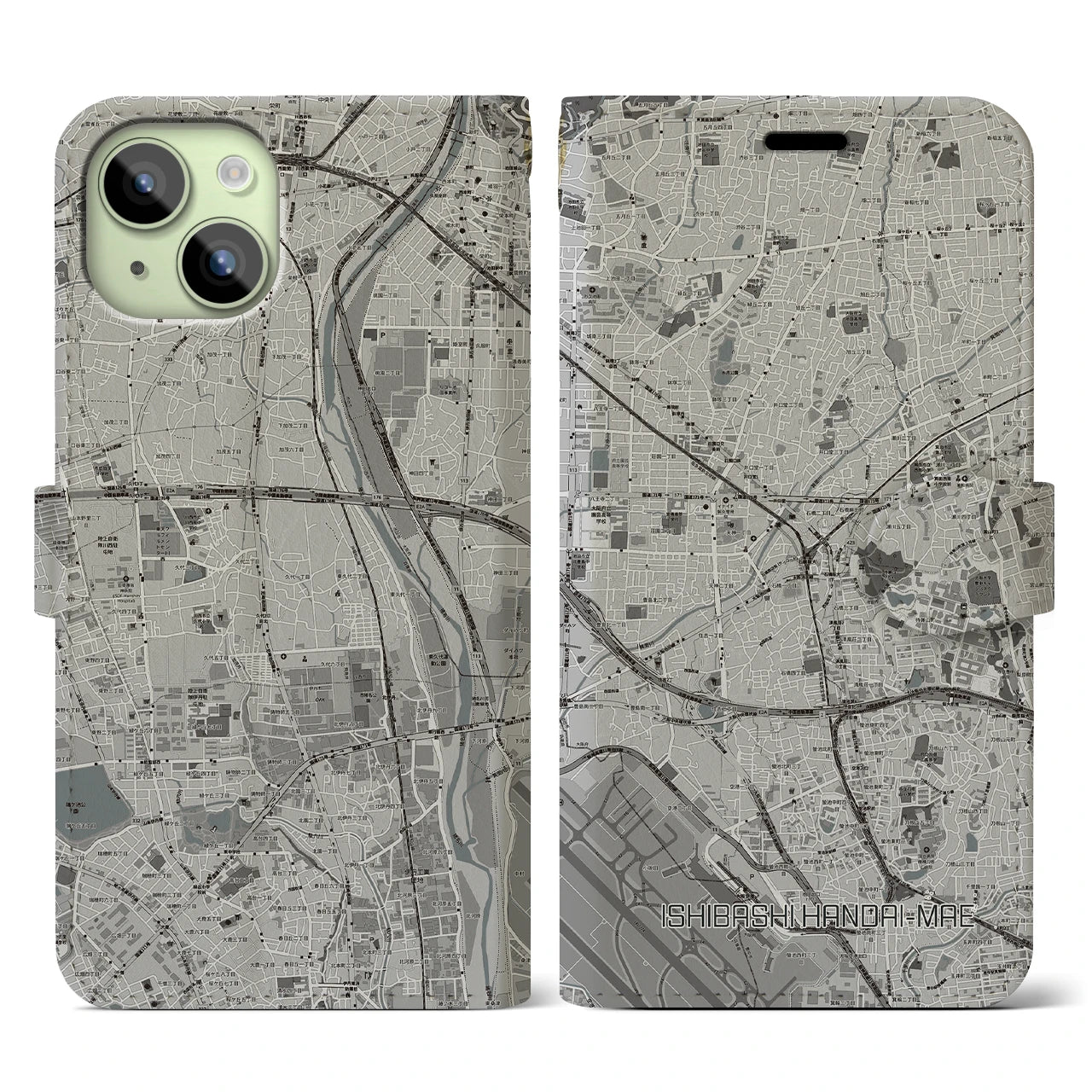 【石橋阪大前(大阪府)】地図柄iPhoneケース(手帳タイプ)モノトーン・iPhone 15 用