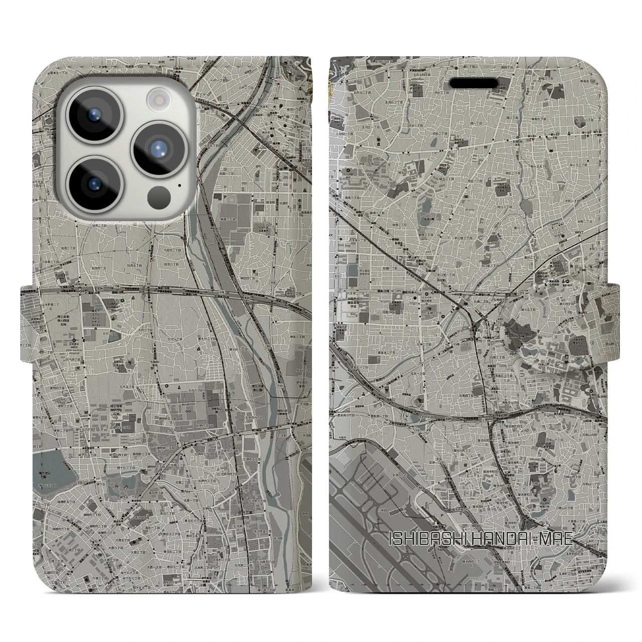 【石橋阪大前(大阪府)】地図柄iPhoneケース(手帳タイプ)モノトーン・iPhone 15 Pro 用