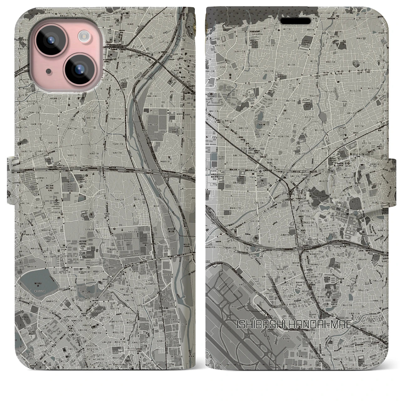 【石橋阪大前(大阪府)】地図柄iPhoneケース(手帳タイプ)モノトーン・iPhone 15 Plus 用