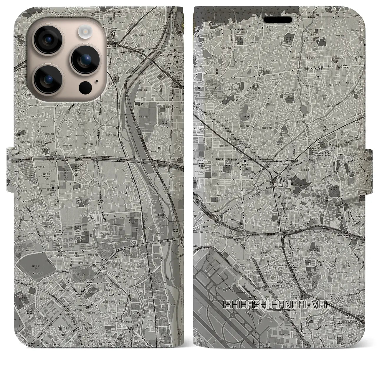 【石橋阪大前(大阪府)】地図柄iPhoneケース(手帳タイプ)モノトーン・iPhone 16 Plus 用