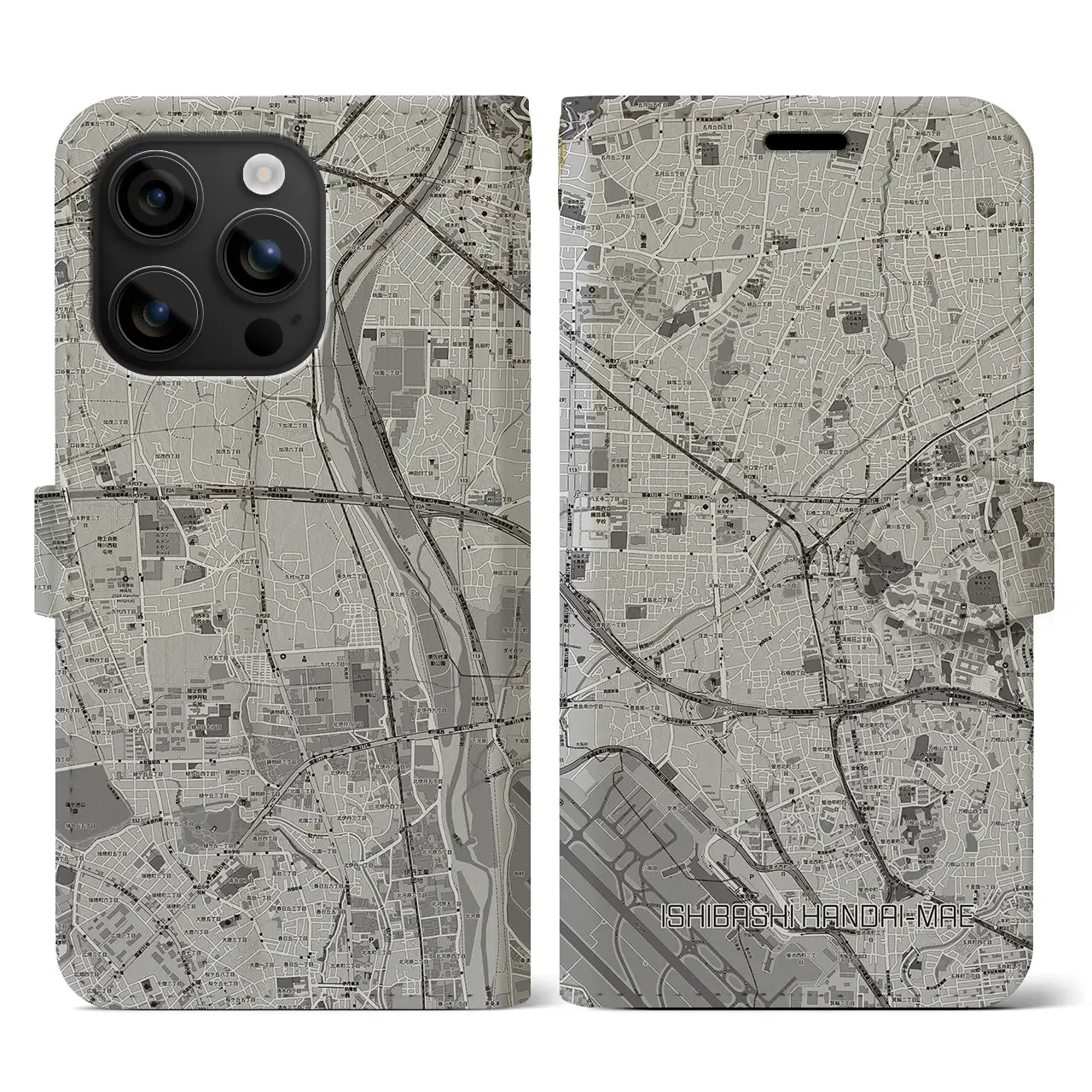 【石橋阪大前(大阪府)】地図柄iPhoneケース(手帳タイプ)モノトーン・iPhone 16 用
