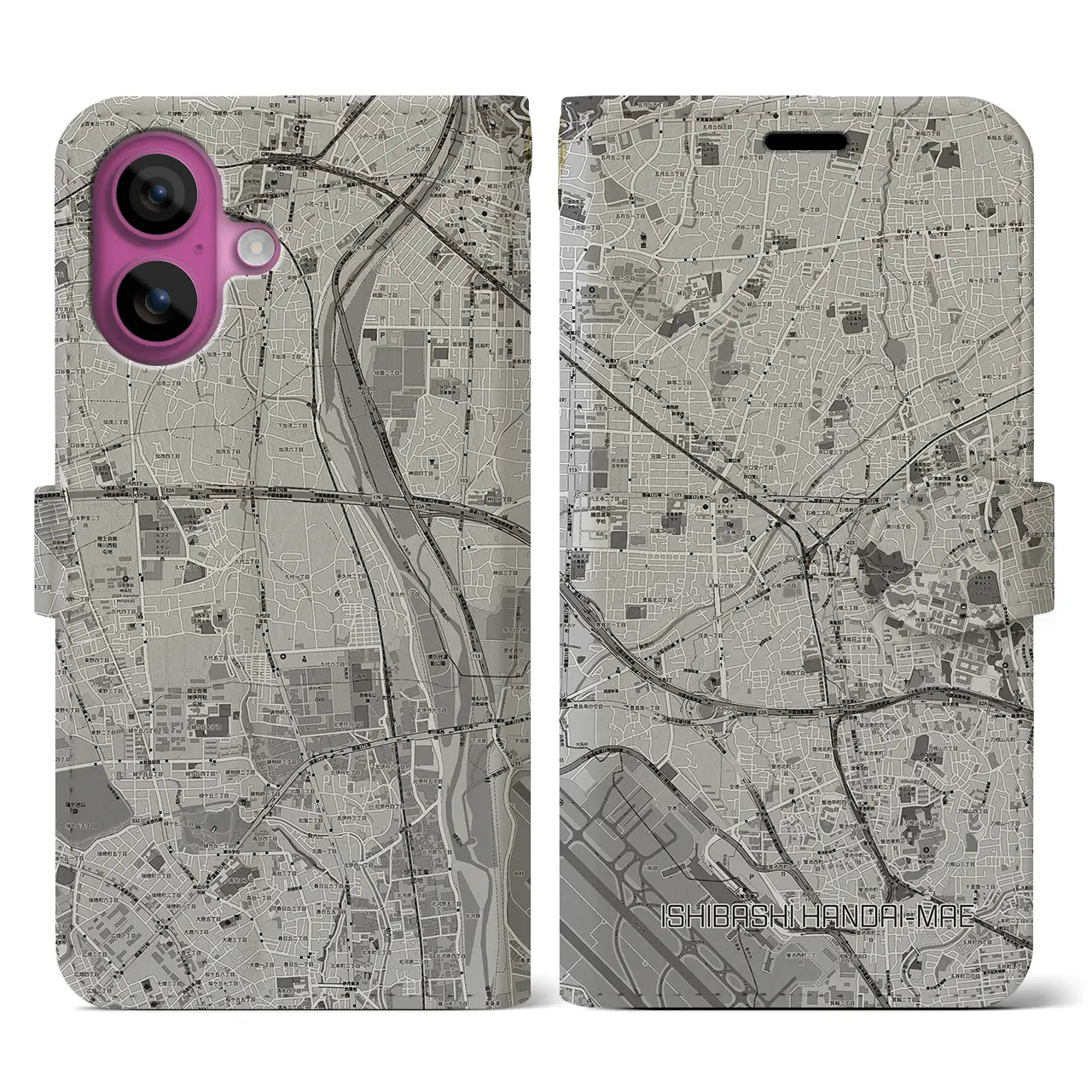 【石橋阪大前(大阪府)】地図柄iPhoneケース(手帳タイプ)モノトーン・iPhone 16 Pro 用