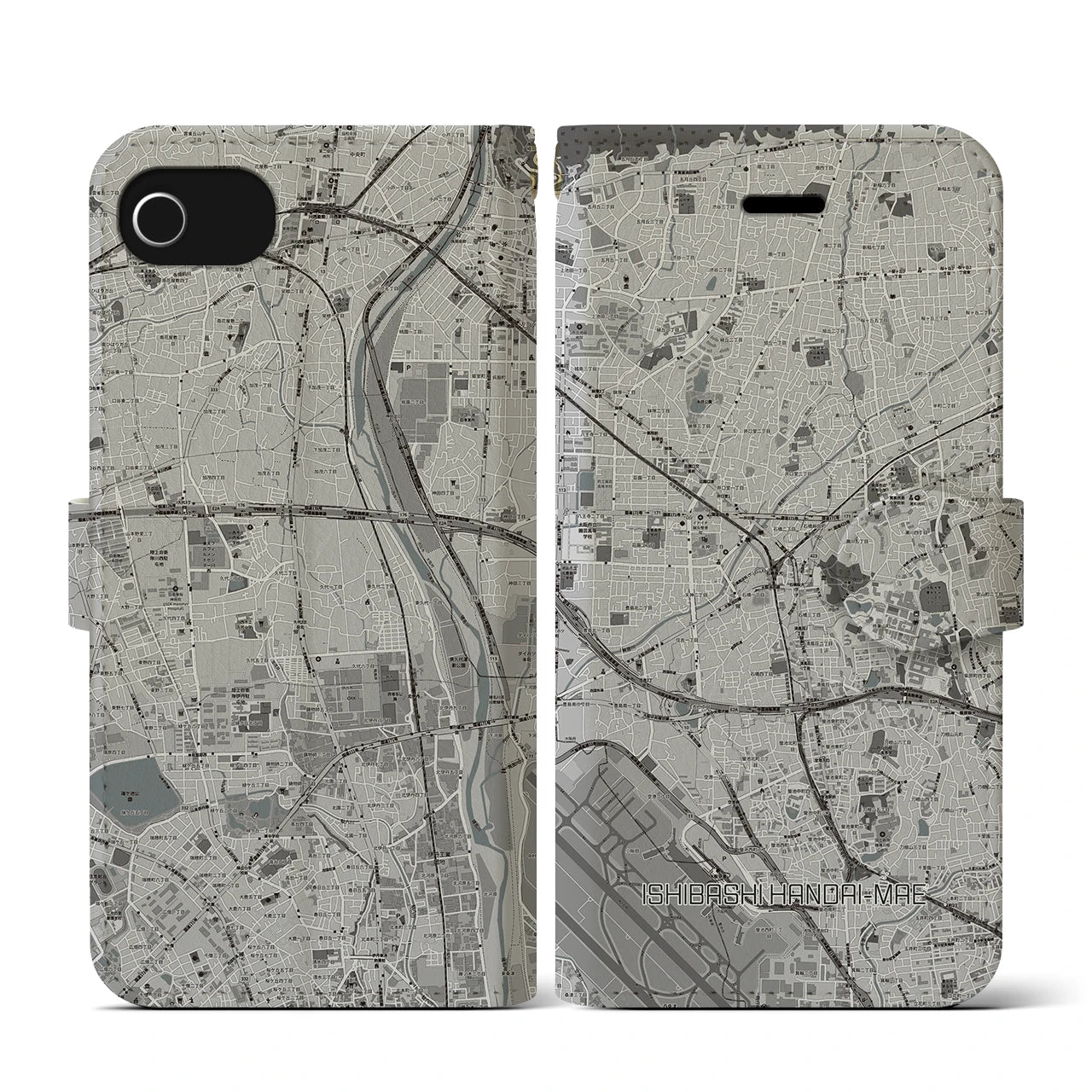 【石橋阪大前(大阪府)】地図柄iPhoneケース(手帳タイプ)モノトーン・iPhone SE(第3 / 第2世代) / 8 / 7 / 6s / 6 用