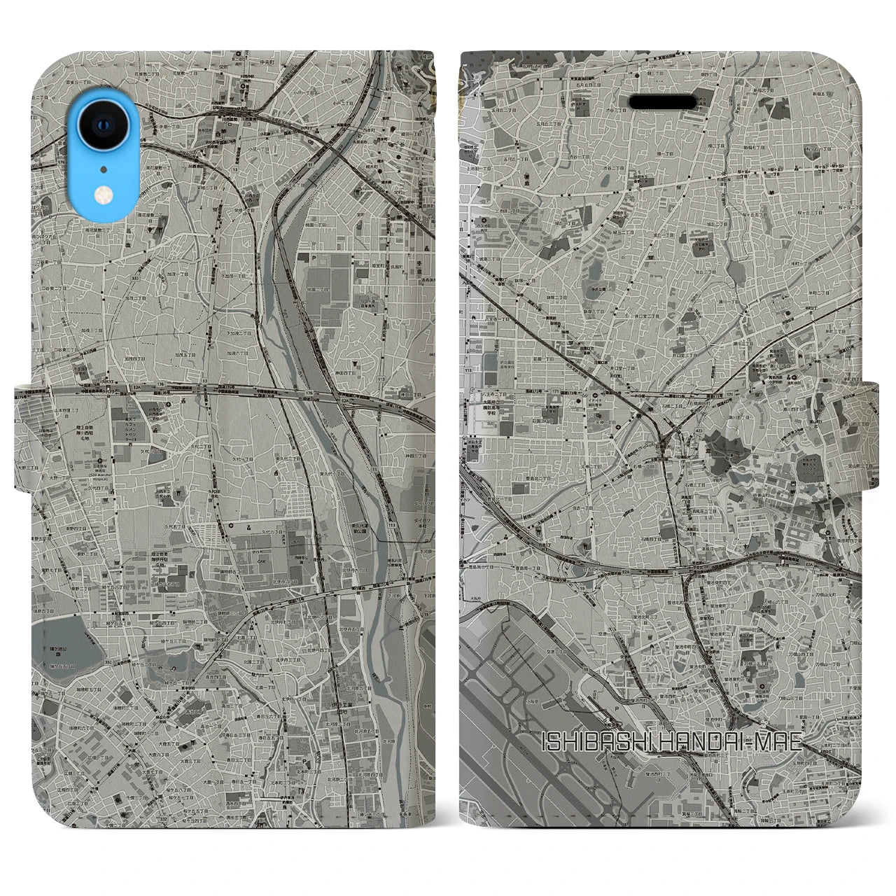 【石橋阪大前(大阪府)】地図柄iPhoneケース(手帳タイプ)モノトーン・iPhone XR 用