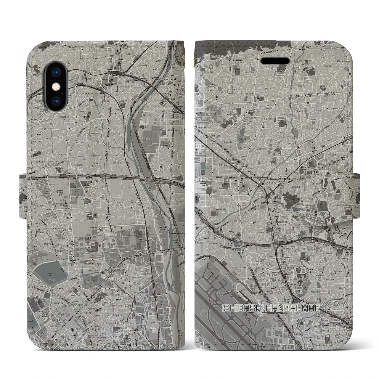 【石橋阪大前(大阪府)】地図柄iPhoneケース(手帳タイプ)モノトーン・iPhone XS / X 用