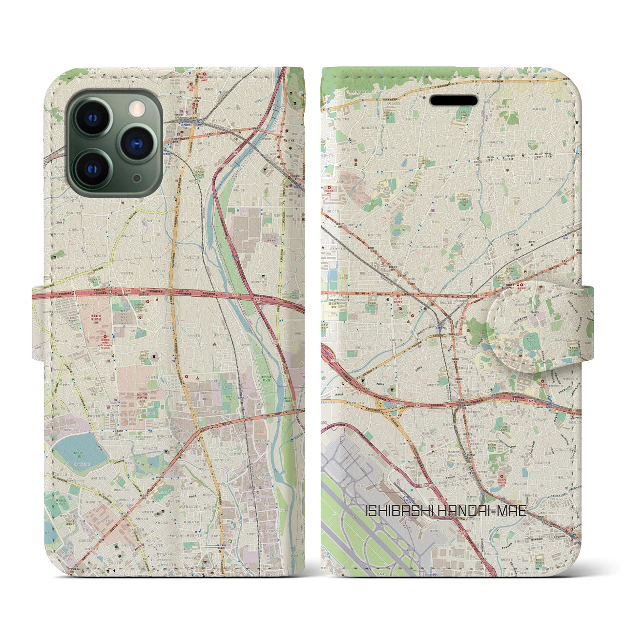 【石橋阪大前(大阪府)】地図柄iPhoneケース(手帳タイプ)ナチュラル・iPhone 11 Pro 用
