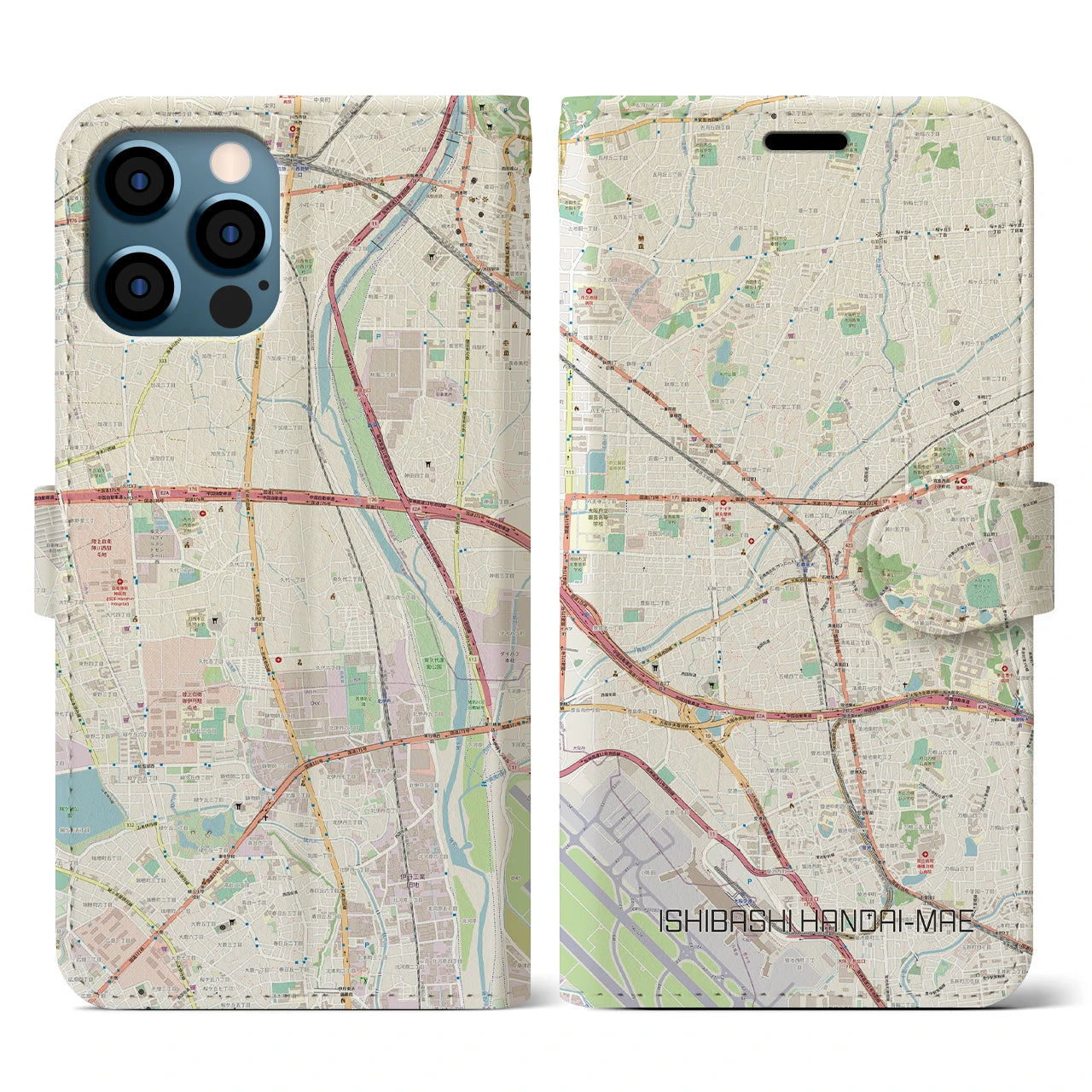 【石橋阪大前(大阪府)】地図柄iPhoneケース(手帳タイプ)ナチュラル・iPhone 12 / 12 Pro 用