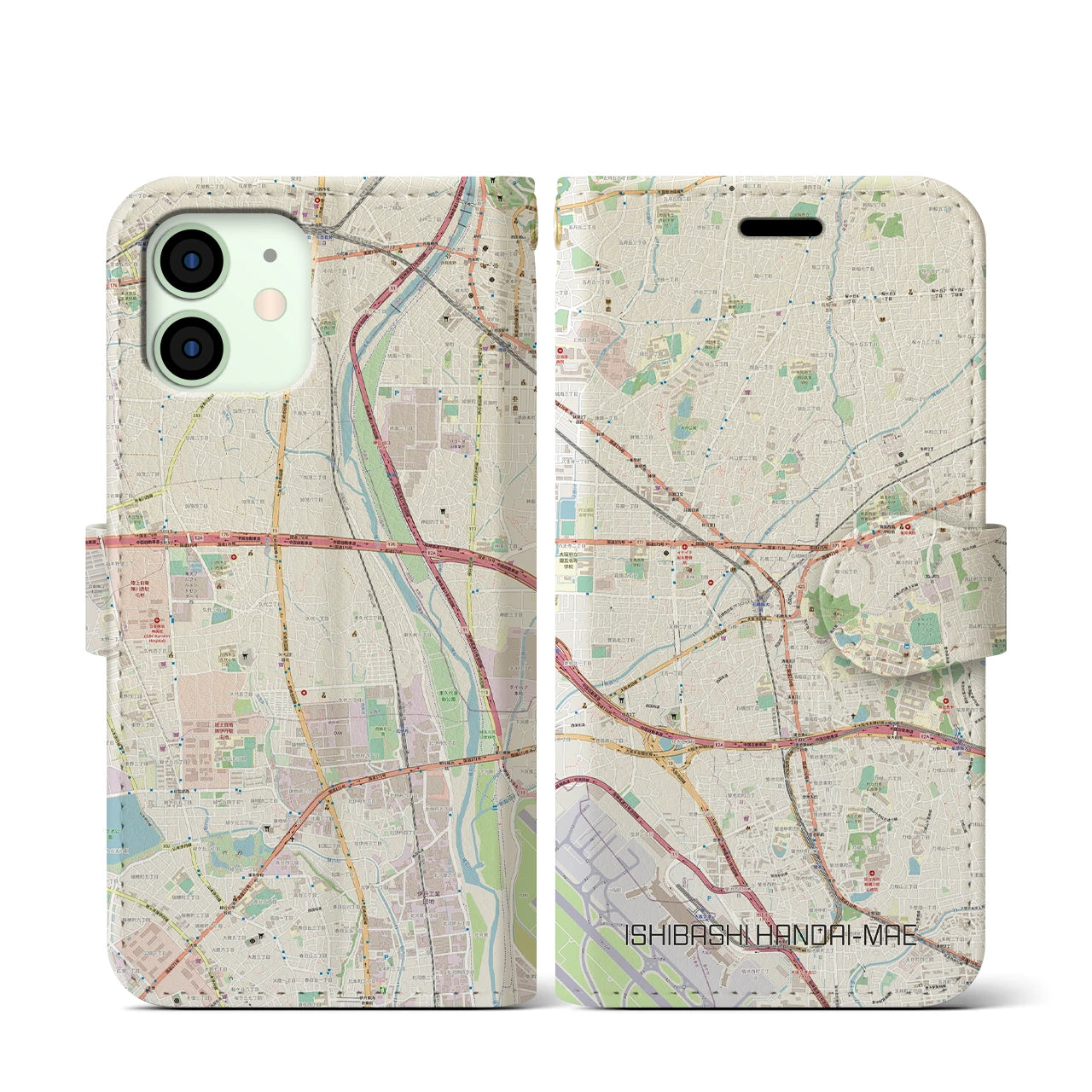 【石橋阪大前(大阪府)】地図柄iPhoneケース(手帳タイプ)ナチュラル・iPhone 12 mini 用