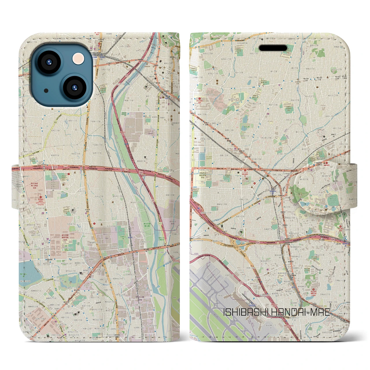 【石橋阪大前(大阪府)】地図柄iPhoneケース(手帳タイプ)ナチュラル・iPhone 13 用