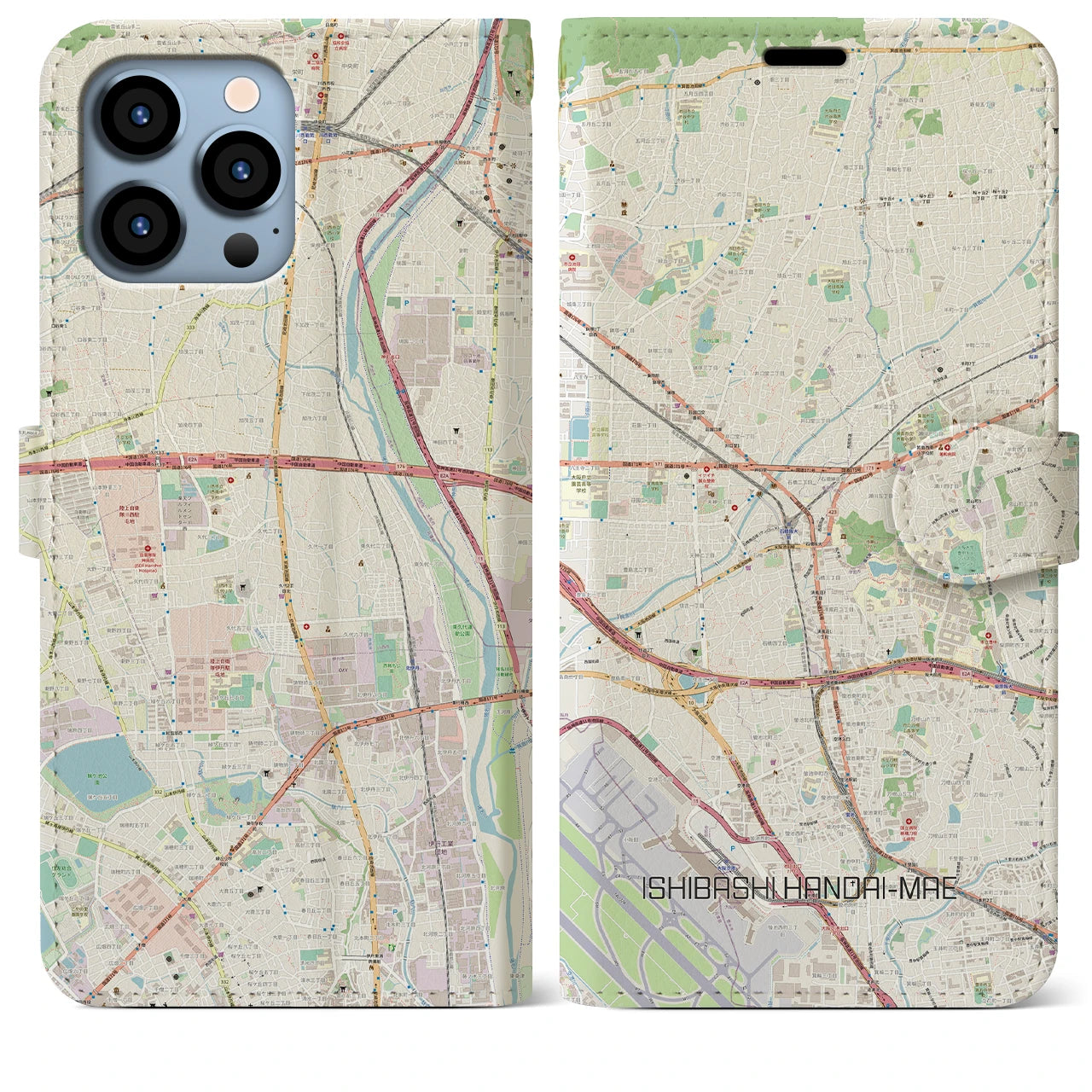 【石橋阪大前(大阪府)】地図柄iPhoneケース(手帳タイプ)ナチュラル・iPhone 13 Pro Max 用