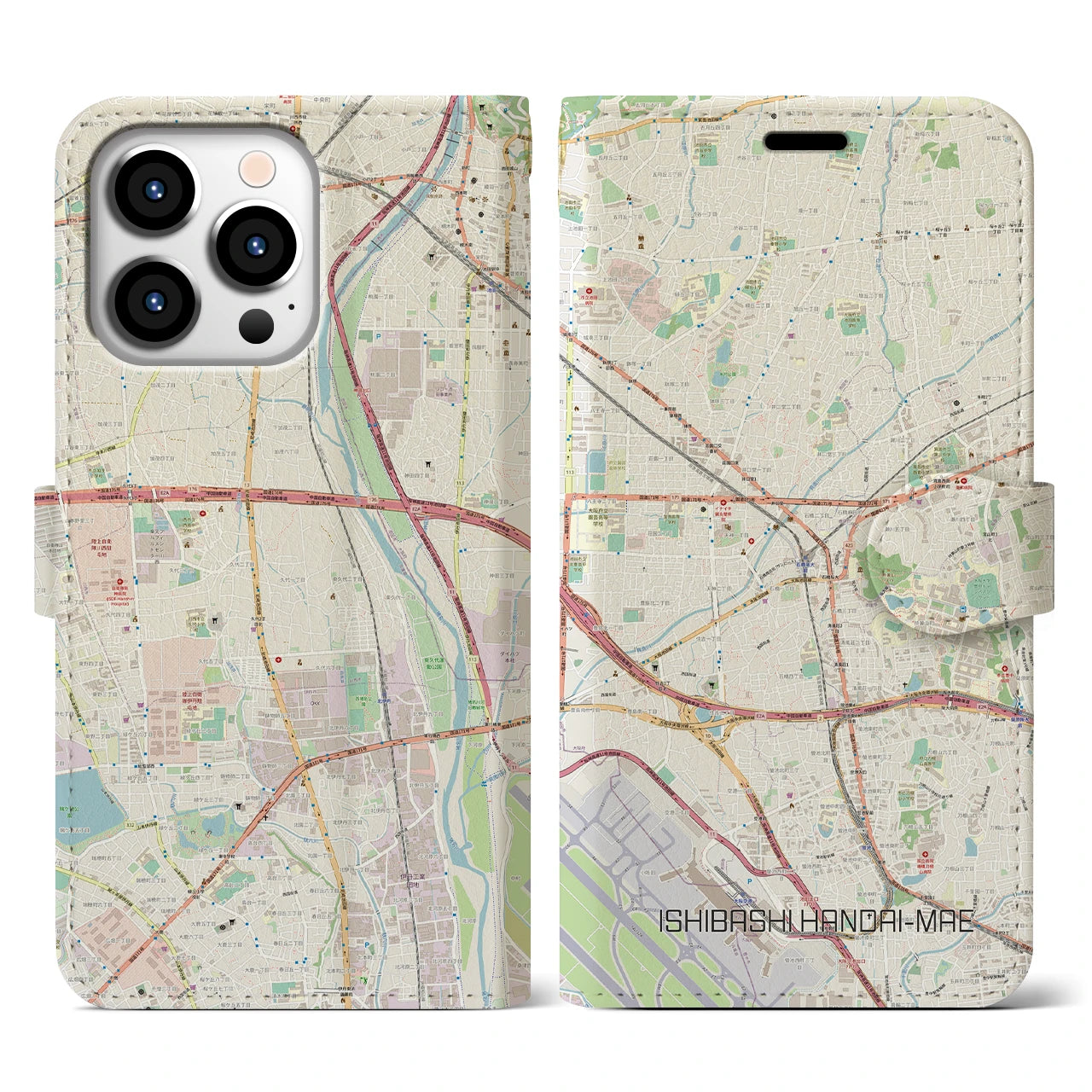 【石橋阪大前(大阪府)】地図柄iPhoneケース(手帳タイプ)ナチュラル・iPhone 13 Pro 用