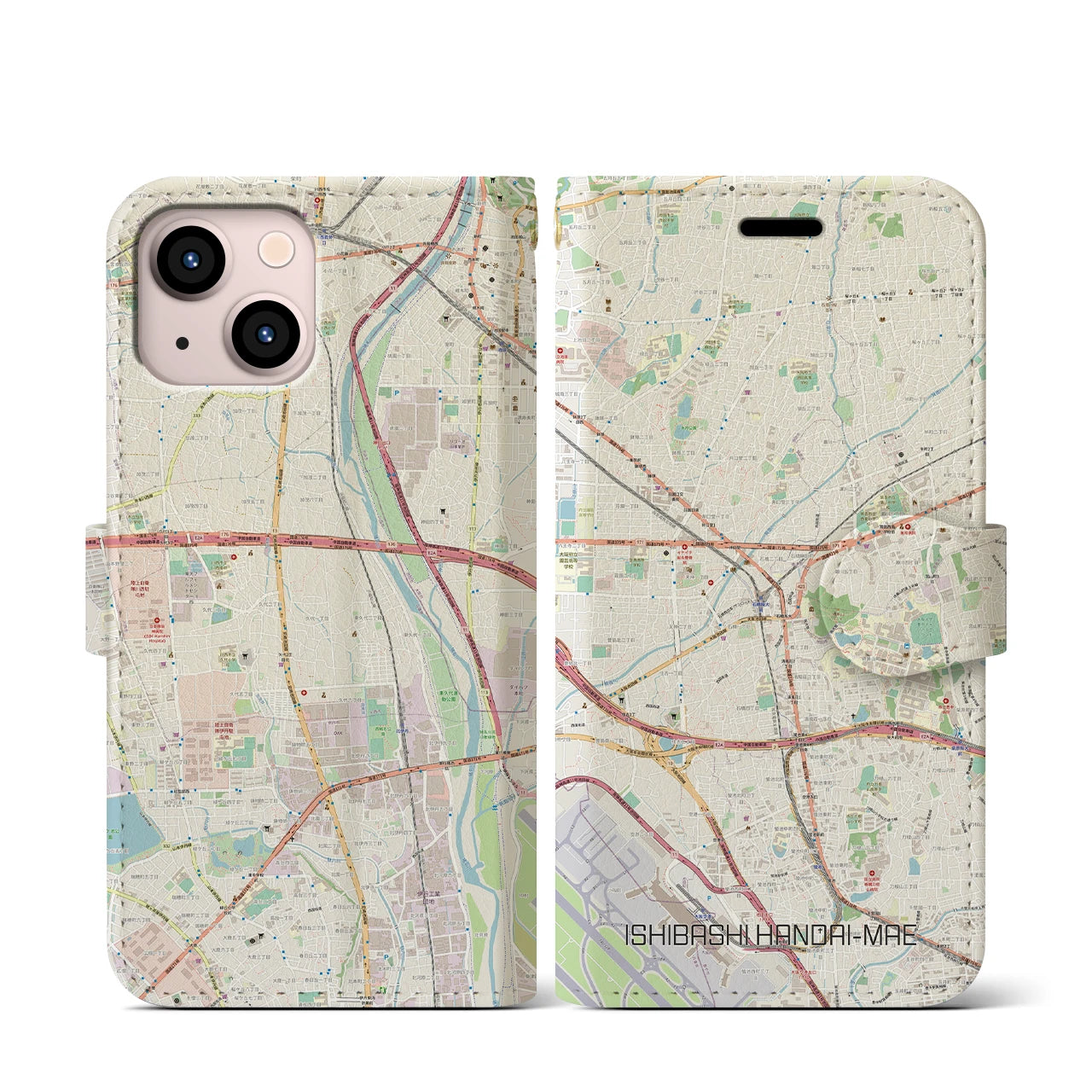【石橋阪大前(大阪府)】地図柄iPhoneケース(手帳タイプ)ナチュラル・iPhone 13 mini 用