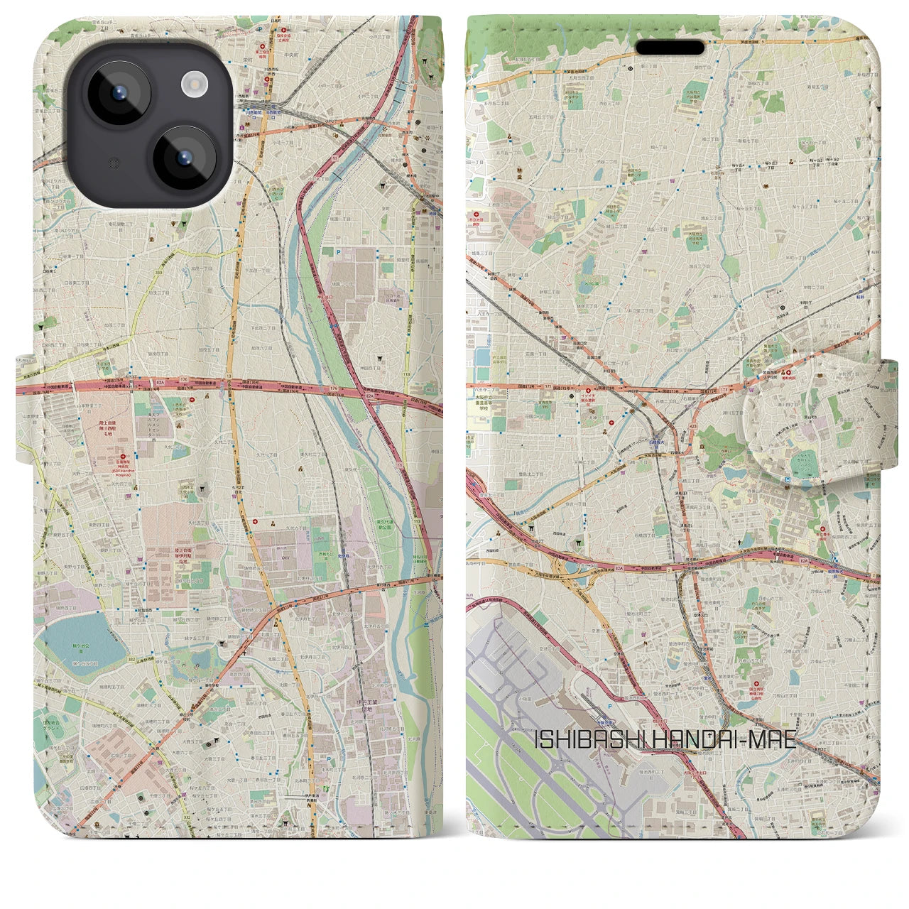 【石橋阪大前(大阪府)】地図柄iPhoneケース(手帳タイプ)ナチュラル・iPhone 14 Plus 用