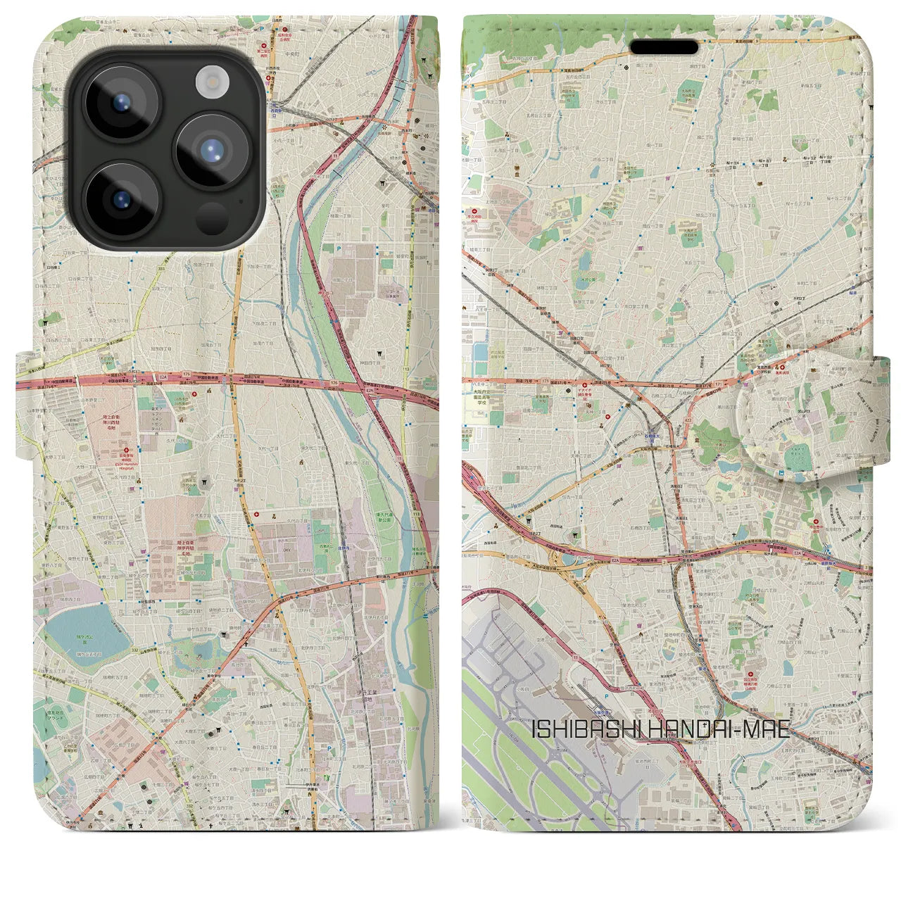 【石橋阪大前(大阪府)】地図柄iPhoneケース(手帳タイプ)ナチュラル・iPhone 15 Pro Max 用