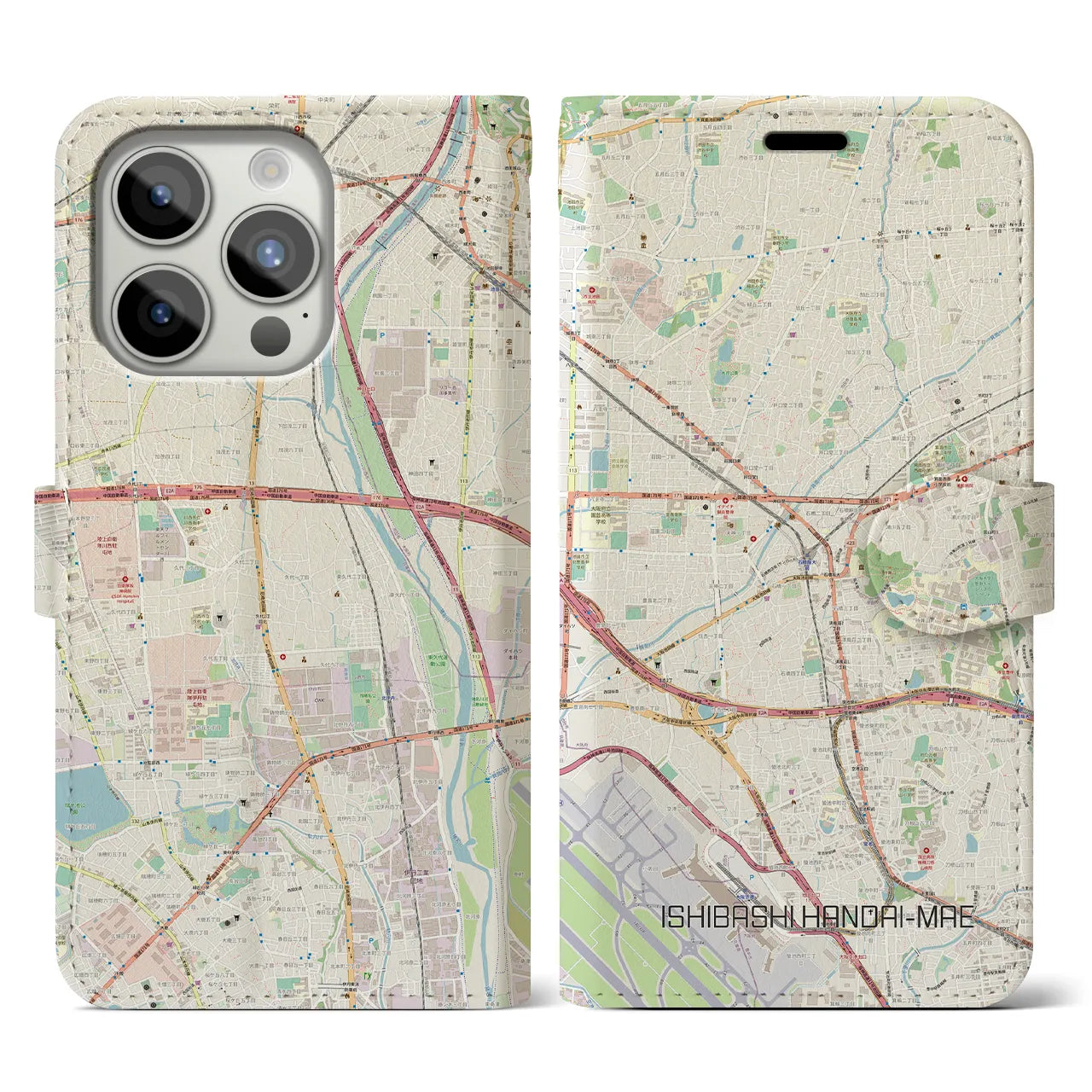 【石橋阪大前(大阪府)】地図柄iPhoneケース(手帳タイプ)ナチュラル・iPhone 15 Pro 用