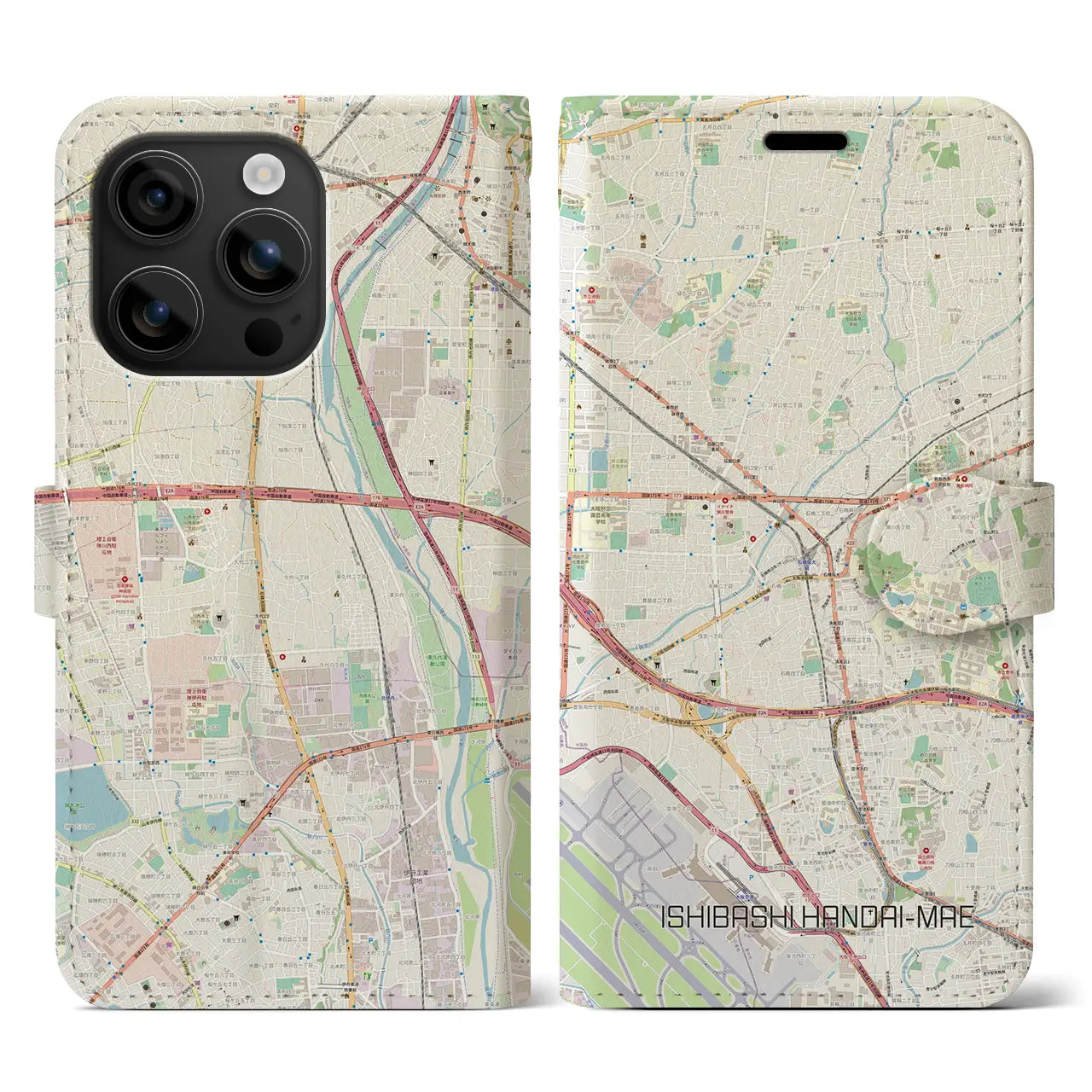 【石橋阪大前(大阪府)】地図柄iPhoneケース(手帳タイプ)ナチュラル・iPhone 16 用