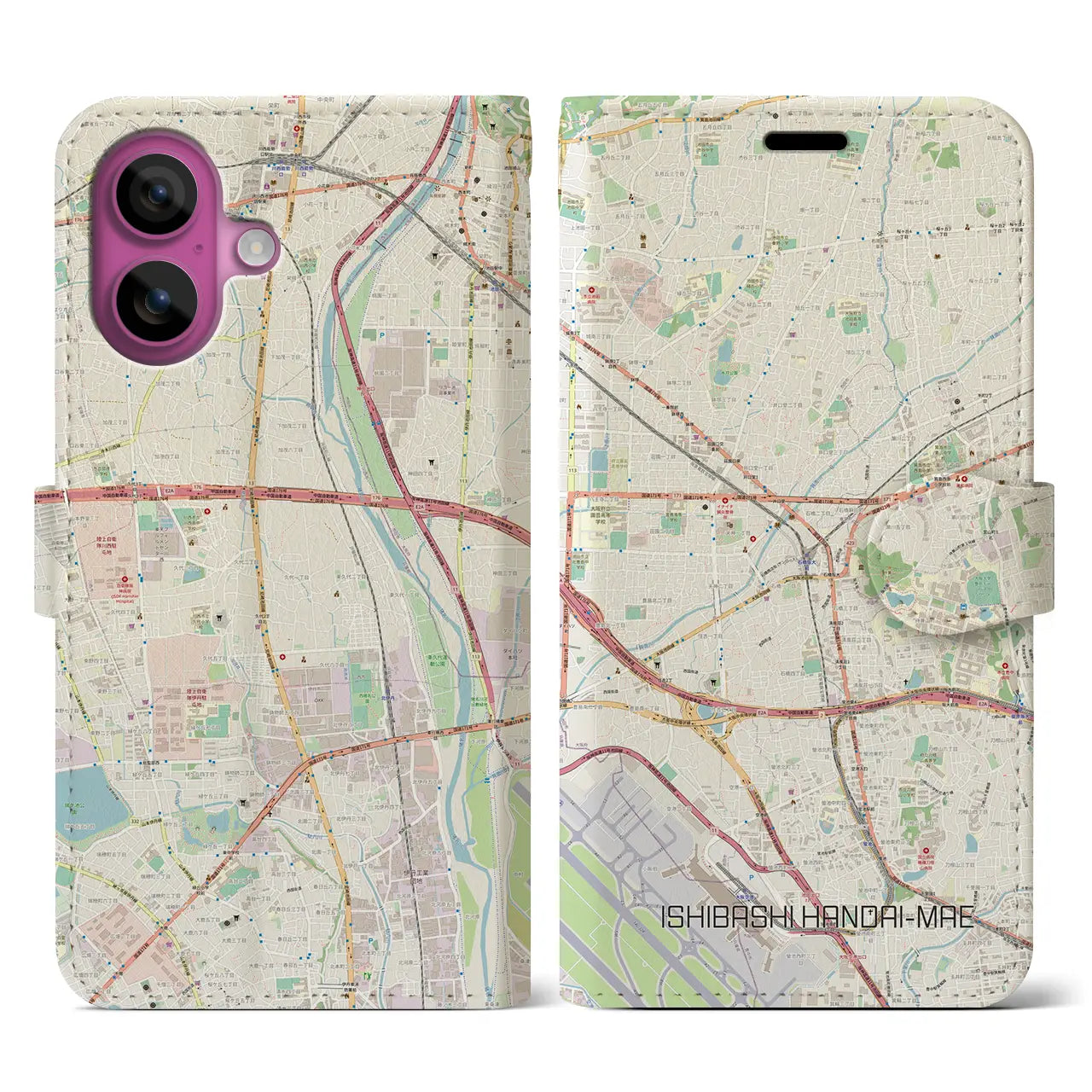 【石橋阪大前(大阪府)】地図柄iPhoneケース(手帳タイプ)ナチュラル・iPhone 16 Pro 用