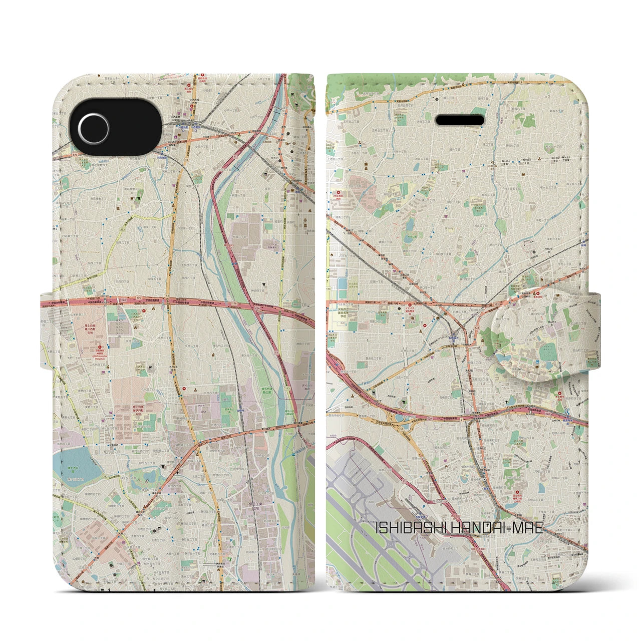 【石橋阪大前(大阪府)】地図柄iPhoneケース(手帳タイプ)ナチュラル・iPhone SE(第3 / 第2世代) / 8 / 7 / 6s / 6 用