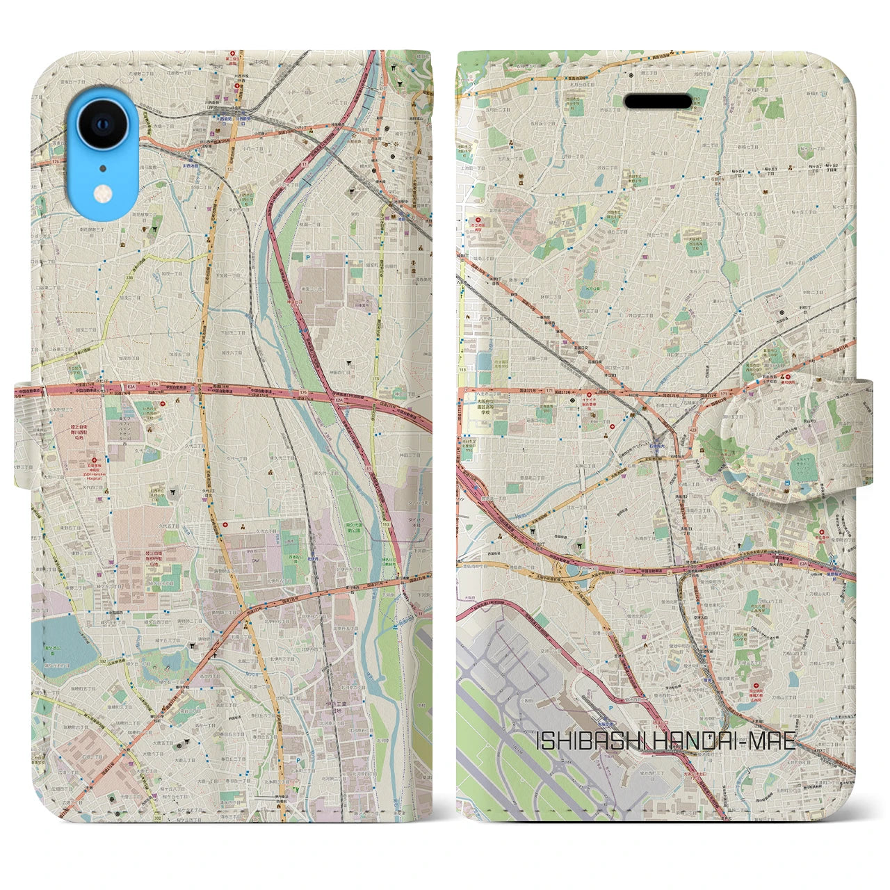 【石橋阪大前(大阪府)】地図柄iPhoneケース(手帳タイプ)ナチュラル・iPhone XR 用
