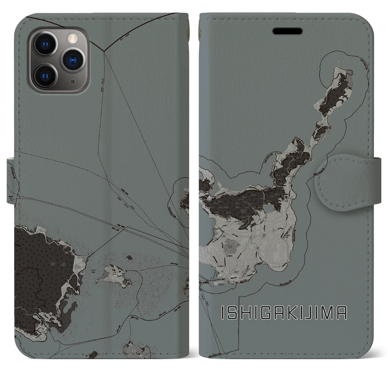 【石垣島(沖縄県)】地図柄iPhoneケース(手帳タイプ)モノトーン・iPhone 11 Pro Max 用