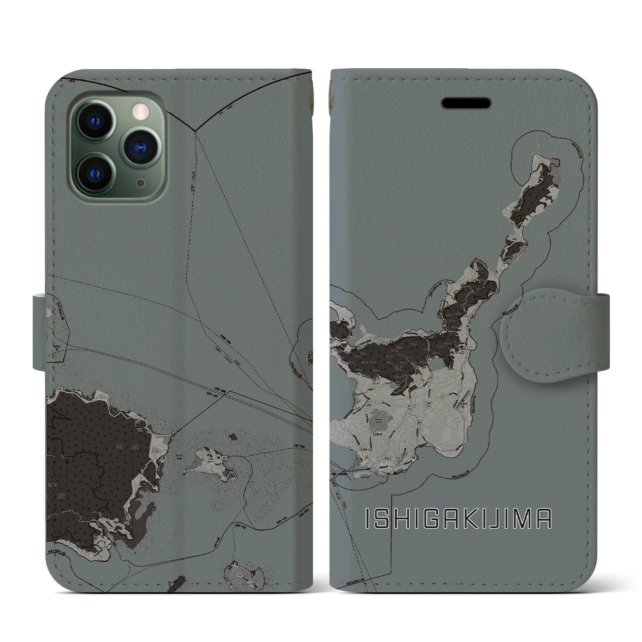 【石垣島(沖縄県)】地図柄iPhoneケース(手帳タイプ)モノトーン・iPhone 11 Pro 用