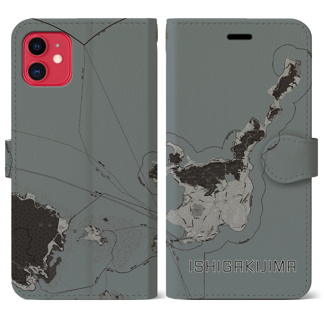 【石垣島(沖縄県)】地図柄iPhoneケース(手帳タイプ)モノトーン・iPhone 11 用