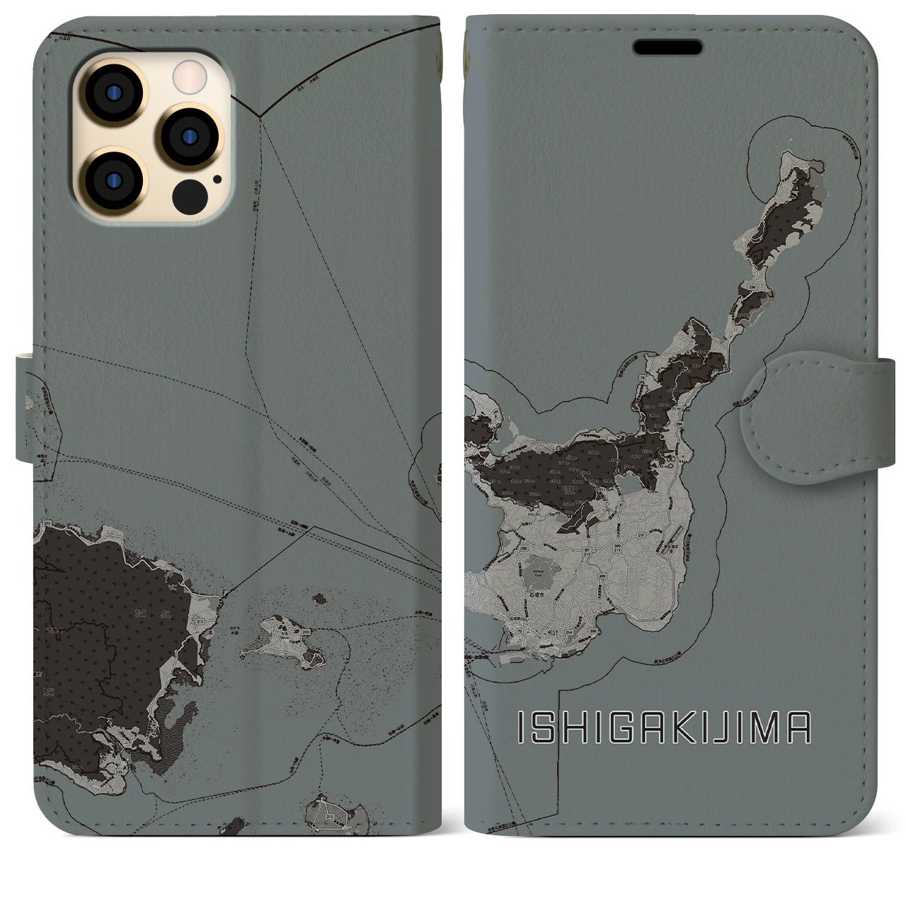 【石垣島(沖縄県)】地図柄iPhoneケース(手帳タイプ)モノトーン・iPhone 12 Pro Max 用
