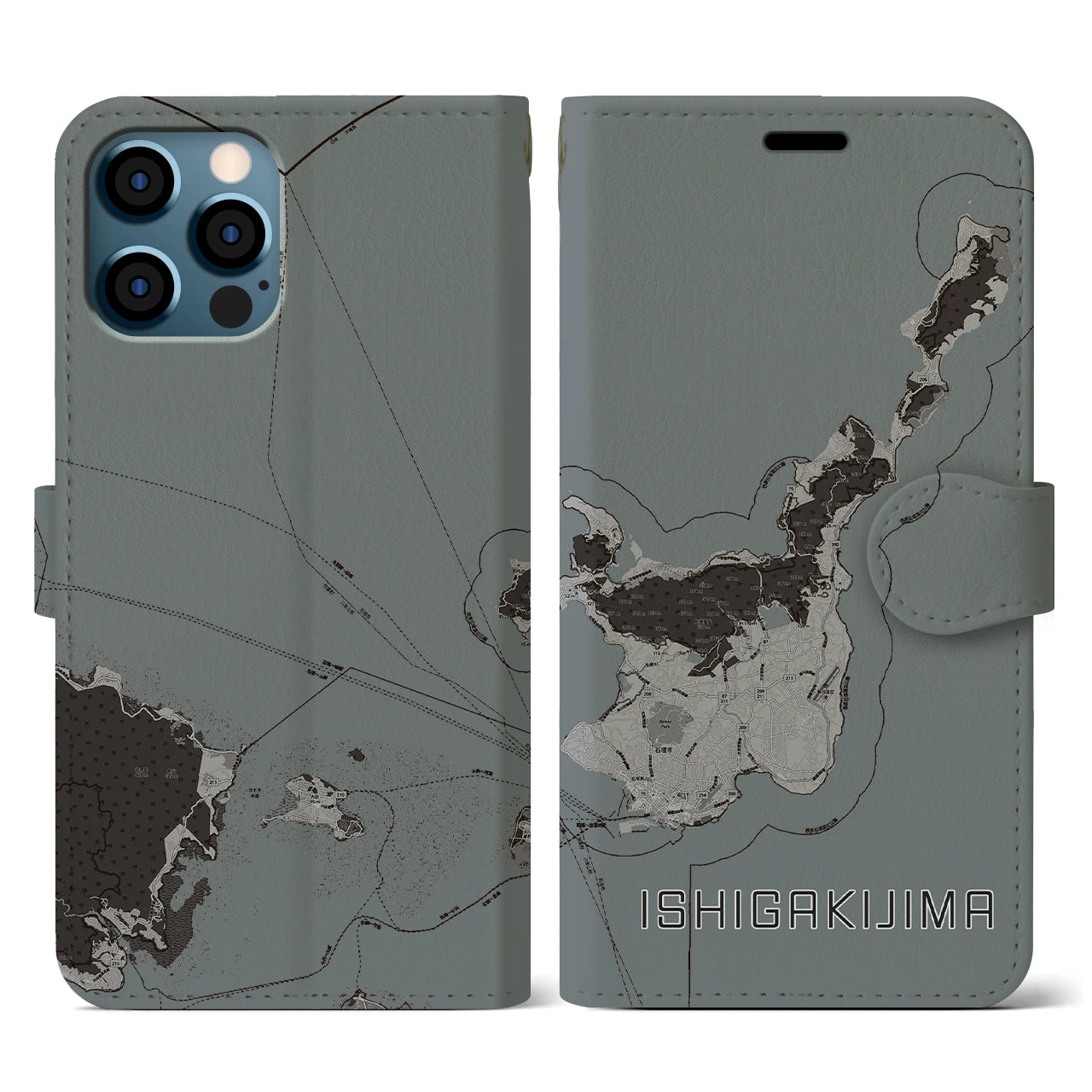 【石垣島(沖縄県)】地図柄iPhoneケース(手帳タイプ)モノトーン・iPhone 12 / 12 Pro 用