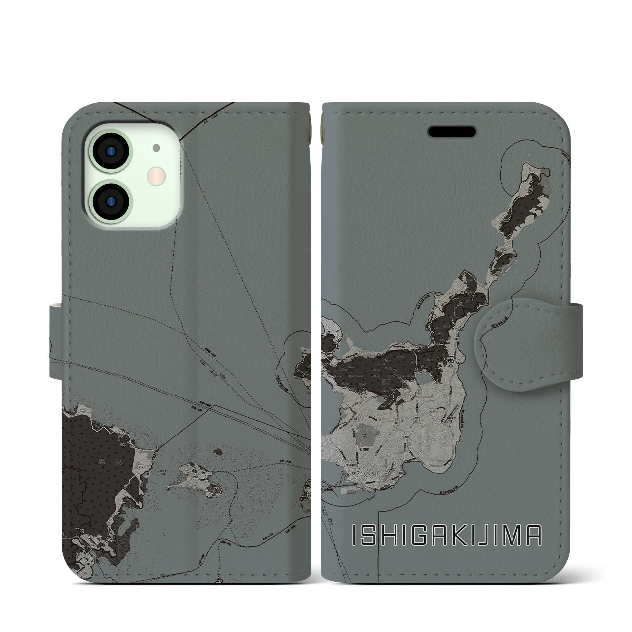 【石垣島(沖縄県)】地図柄iPhoneケース(手帳タイプ)モノトーン・iPhone 12 mini 用