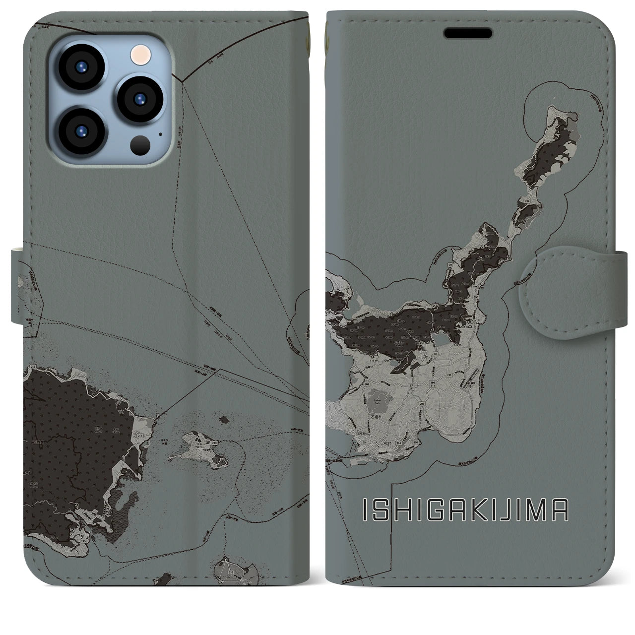 【石垣島(沖縄県)】地図柄iPhoneケース(手帳タイプ)モノトーン・iPhone 13 Pro Max 用