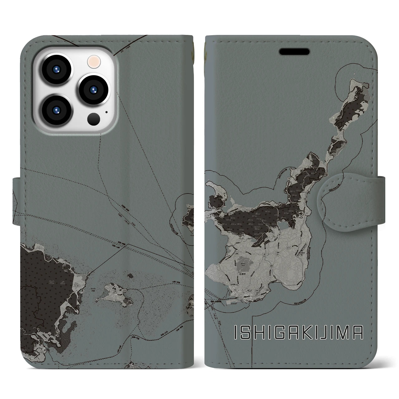 【石垣島(沖縄県)】地図柄iPhoneケース(手帳タイプ)モノトーン・iPhone 13 Pro 用