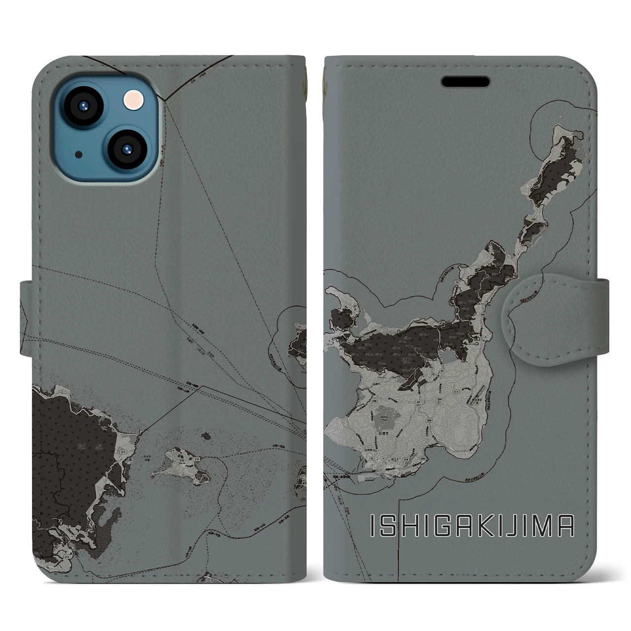 【石垣島(沖縄県)】地図柄iPhoneケース(手帳タイプ)モノトーン・iPhone 13 用