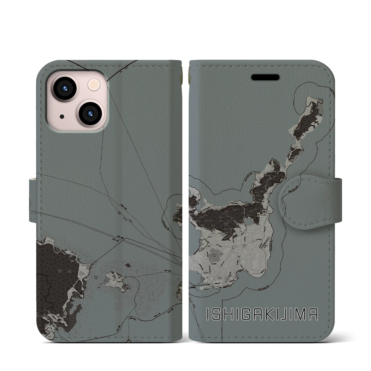 【石垣島(沖縄県)】地図柄iPhoneケース(手帳タイプ)モノトーン・iPhone 13 mini 用