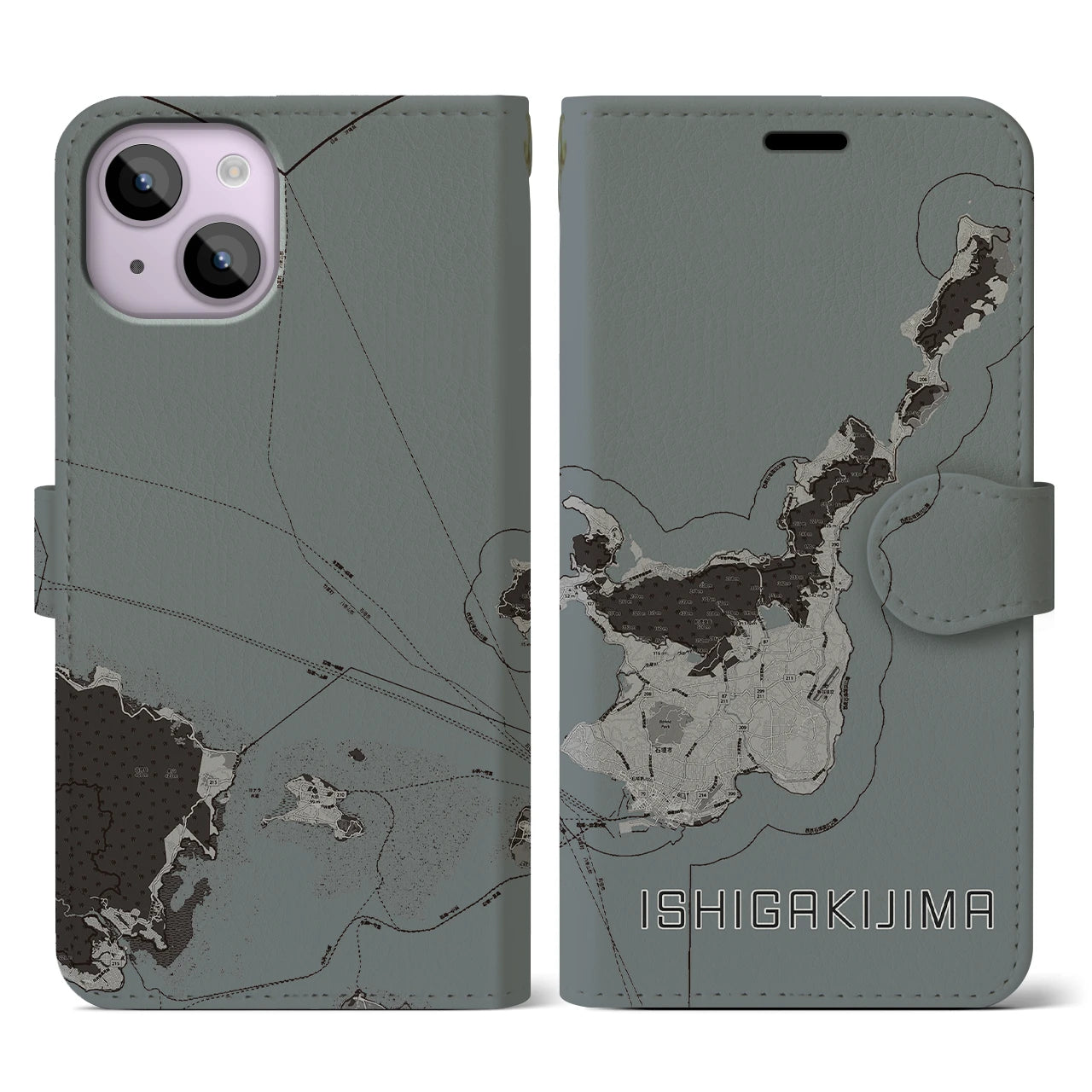 【石垣島(沖縄県)】地図柄iPhoneケース(手帳タイプ)モノトーン・iPhone 14 用