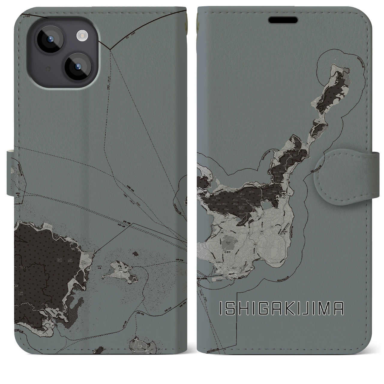【石垣島(沖縄県)】地図柄iPhoneケース(手帳タイプ)モノトーン・iPhone 14 Plus 用