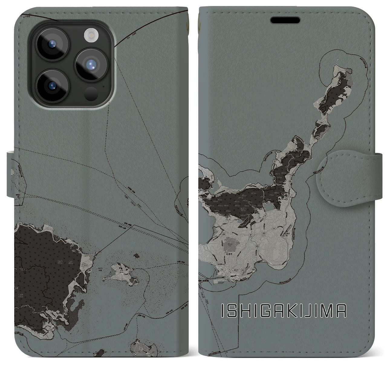 【石垣島(沖縄県)】地図柄iPhoneケース(手帳タイプ)モノトーン・iPhone 15 Pro Max 用