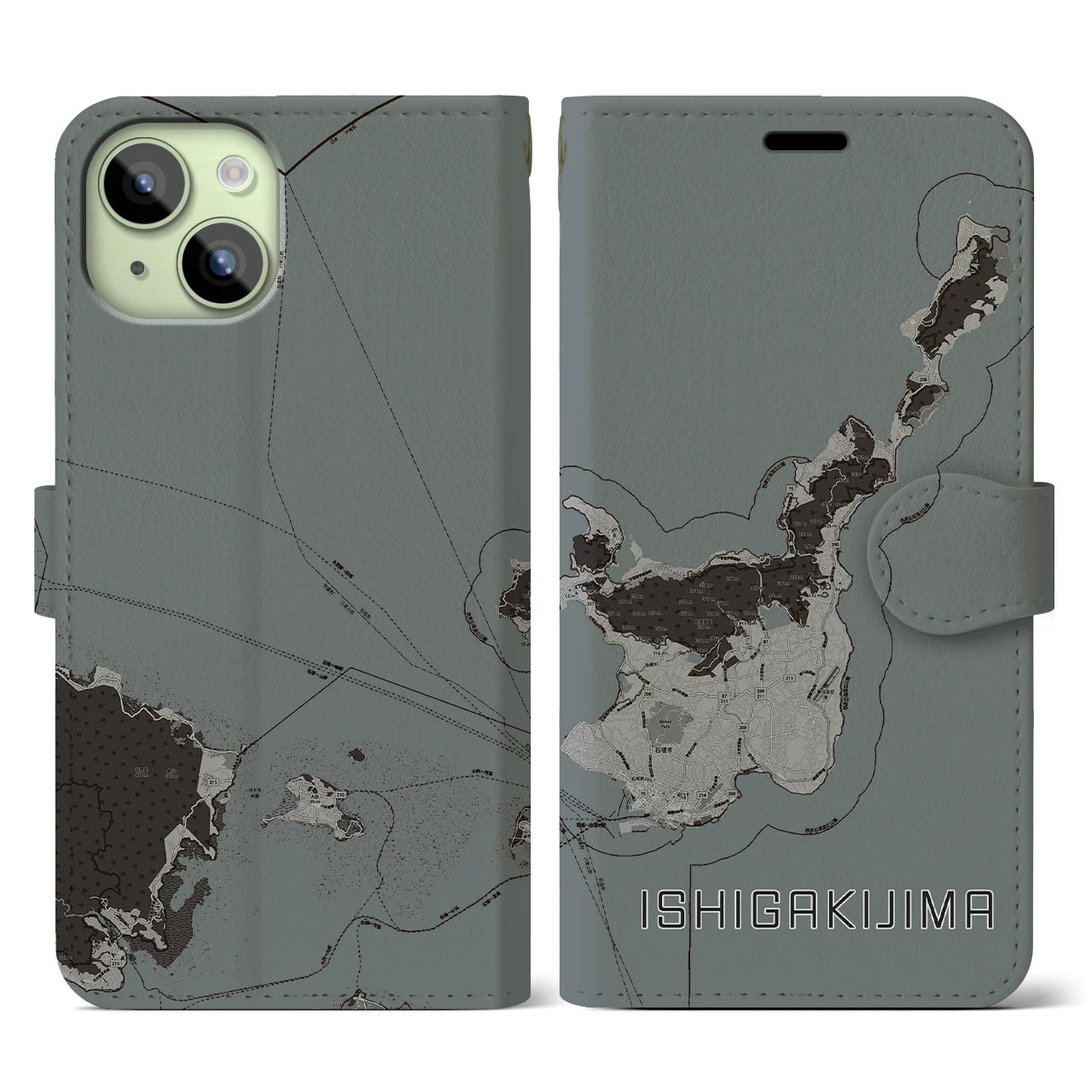 【石垣島(沖縄県)】地図柄iPhoneケース(手帳タイプ)モノトーン・iPhone 15 用
