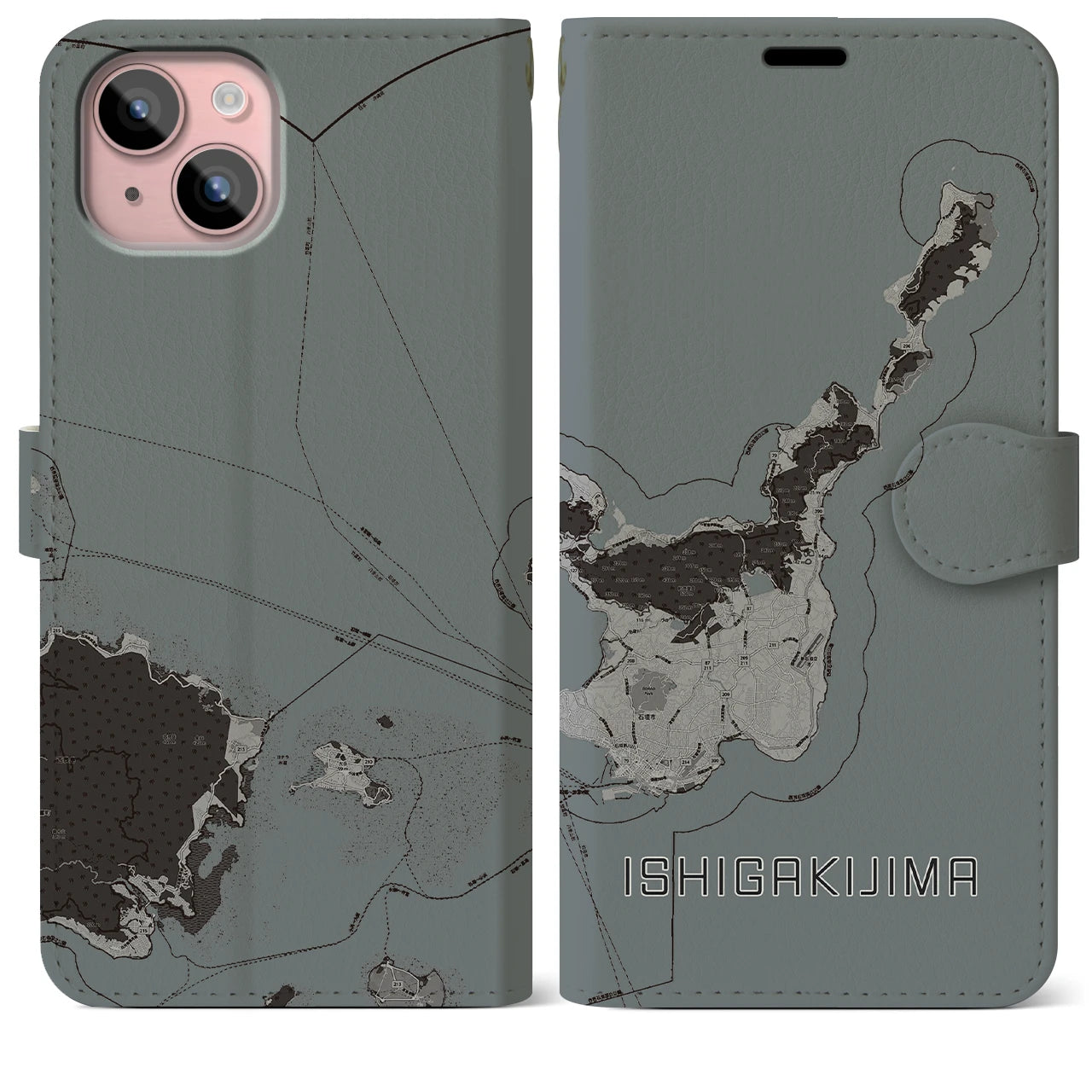 【石垣島(沖縄県)】地図柄iPhoneケース(手帳タイプ)モノトーン・iPhone 15 Plus 用