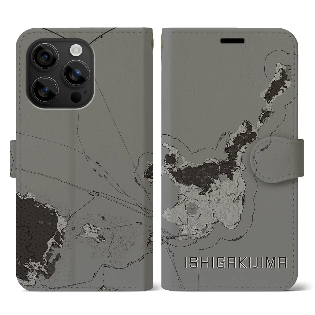 【石垣島(沖縄県)】地図柄iPhoneケース(手帳タイプ)モノトーン・iPhone 16 用