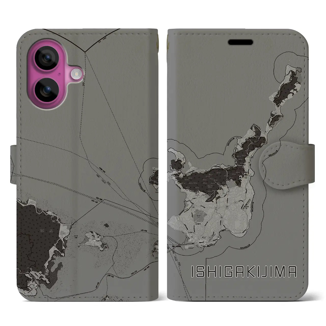 【石垣島(沖縄県)】地図柄iPhoneケース(手帳タイプ)モノトーン・iPhone 16 Pro 用