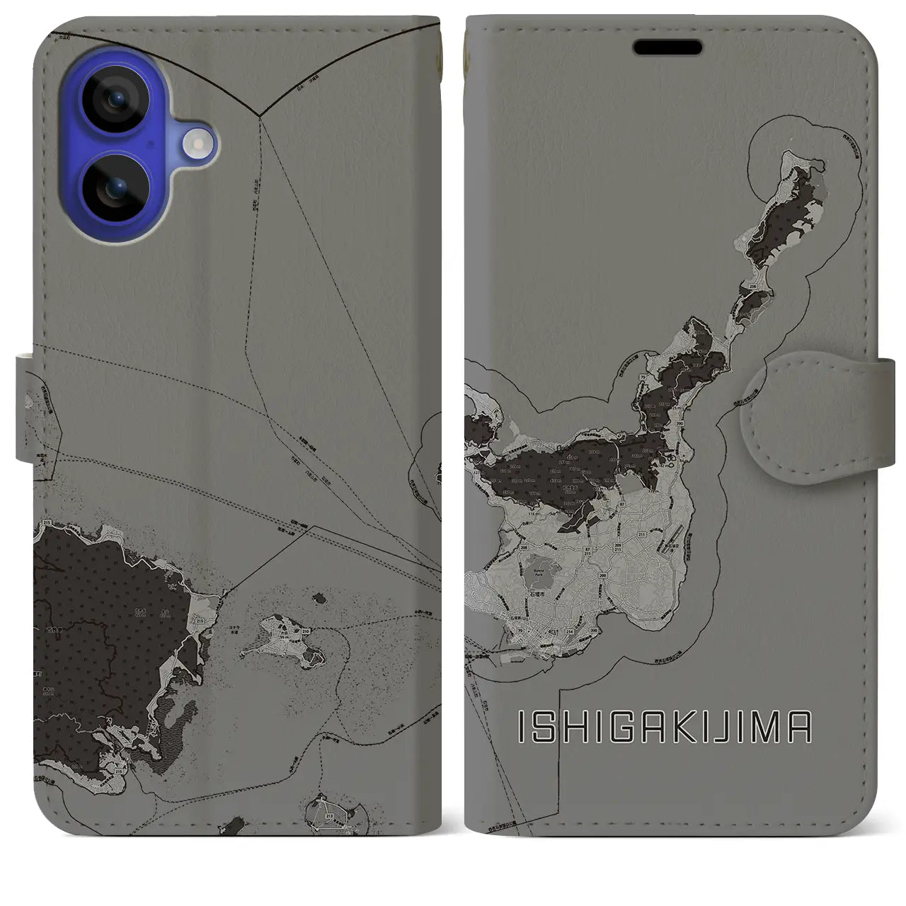 【石垣島(沖縄県)】地図柄iPhoneケース(手帳タイプ)モノトーン・iPhone 16 Pro Max 用