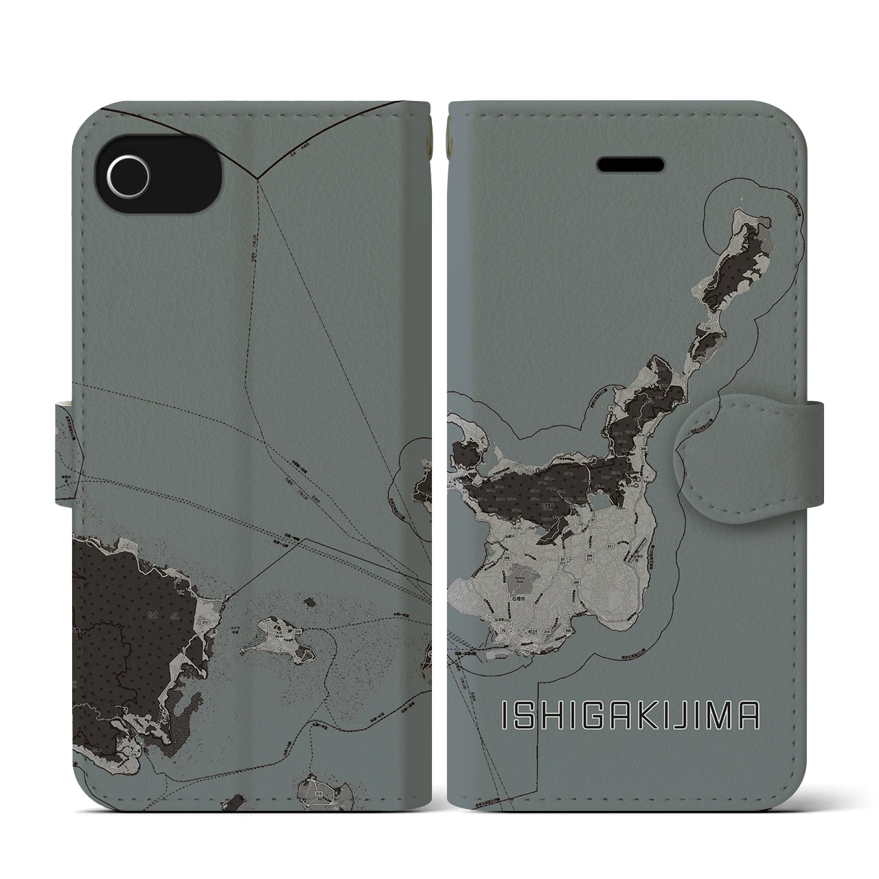 【石垣島(沖縄県)】地図柄iPhoneケース(手帳タイプ)モノトーン・iPhone SE(第3 / 第2世代) / 8 / 7 / 6s / 6 用